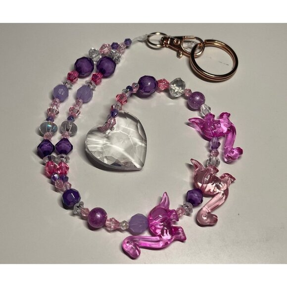 Dinosaur Beaded Suncatcher Rearview Mirror Charm Pink Clear Heart Crystal Prism - Picture 1 of 10